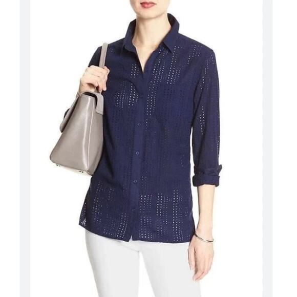 Banana Republic Womens Eyelet Classic Buttondown Shirt Maritime Blue Size Medium - Picture 1 of 6